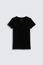 Black V-neck t-shirt on a light gray background