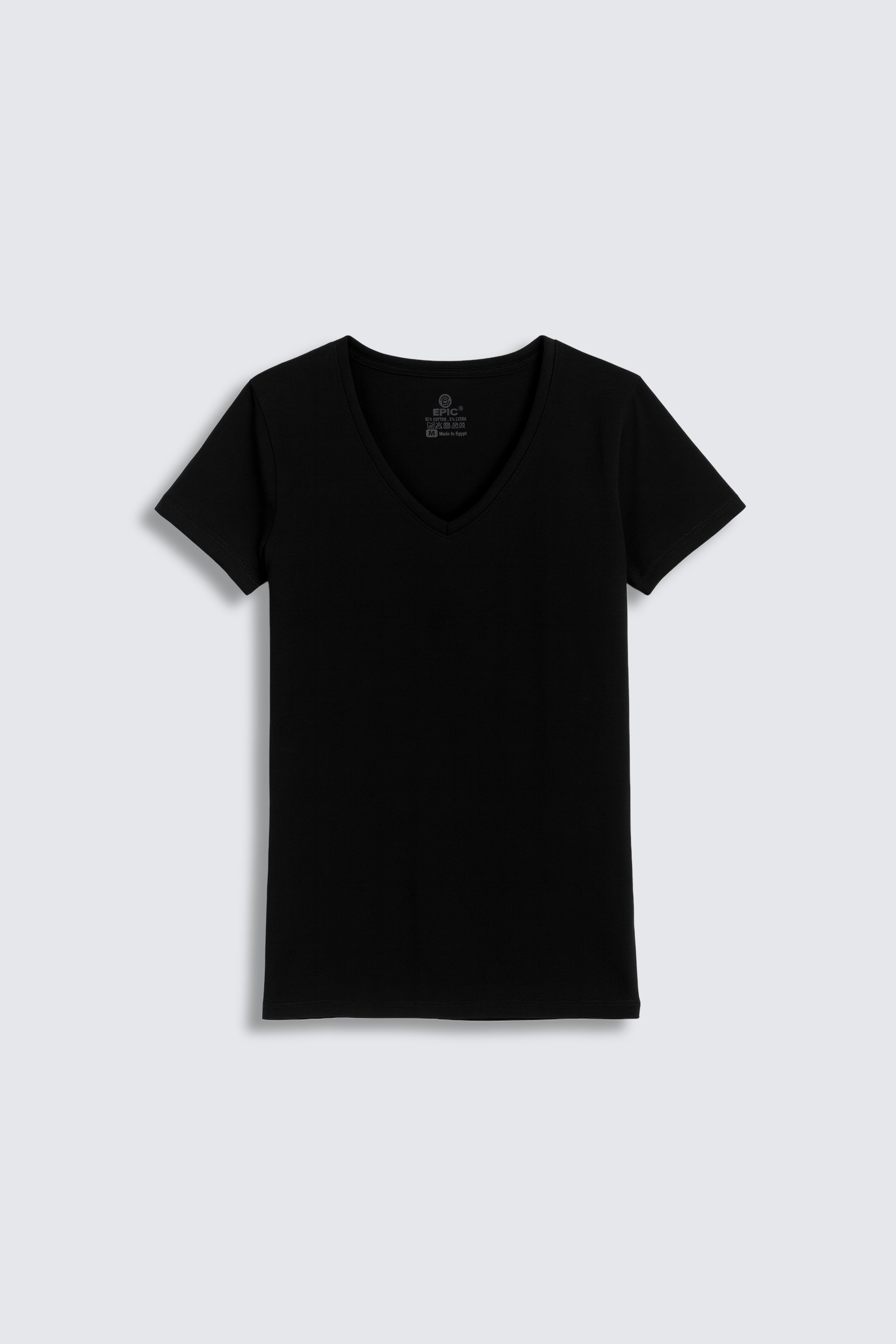 Black V-neck t-shirt on a light gray background