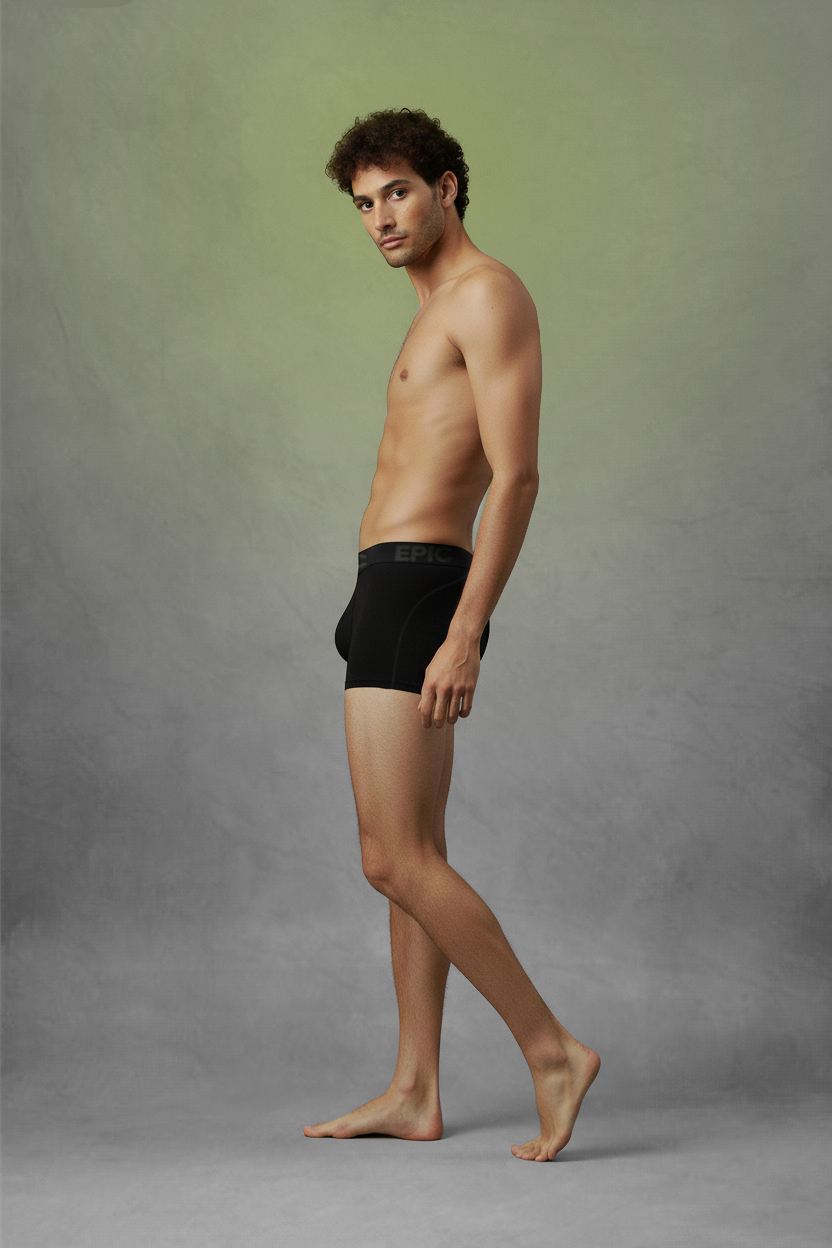 Man wearing black underwear against a gray background