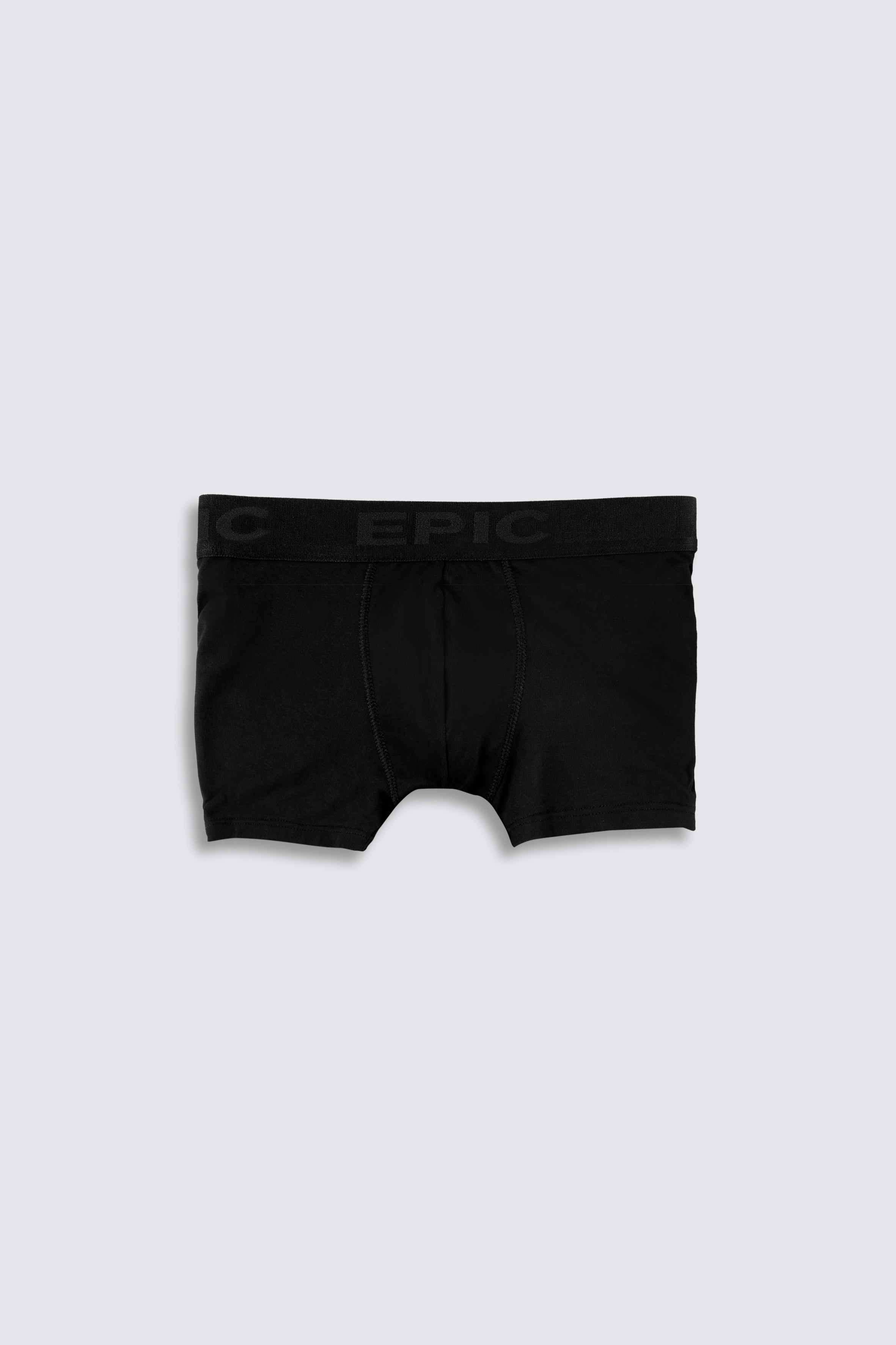 Black boxer briefs with 'EPIC' branding on a light gray background