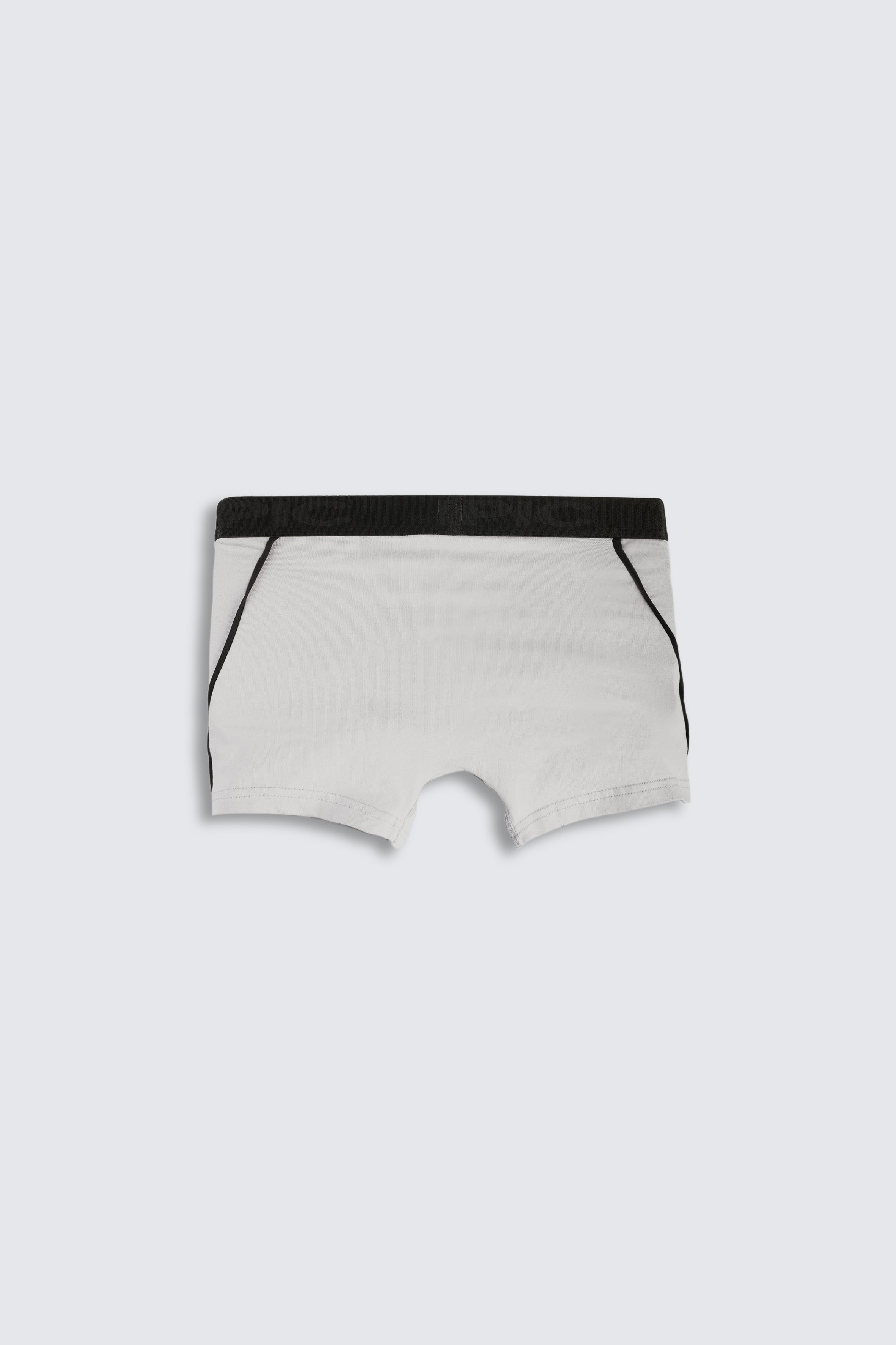 light grey boxer briefs with black waistband on a light gray background