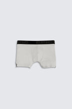 Light grey boxer briefs with black waistband on a white background