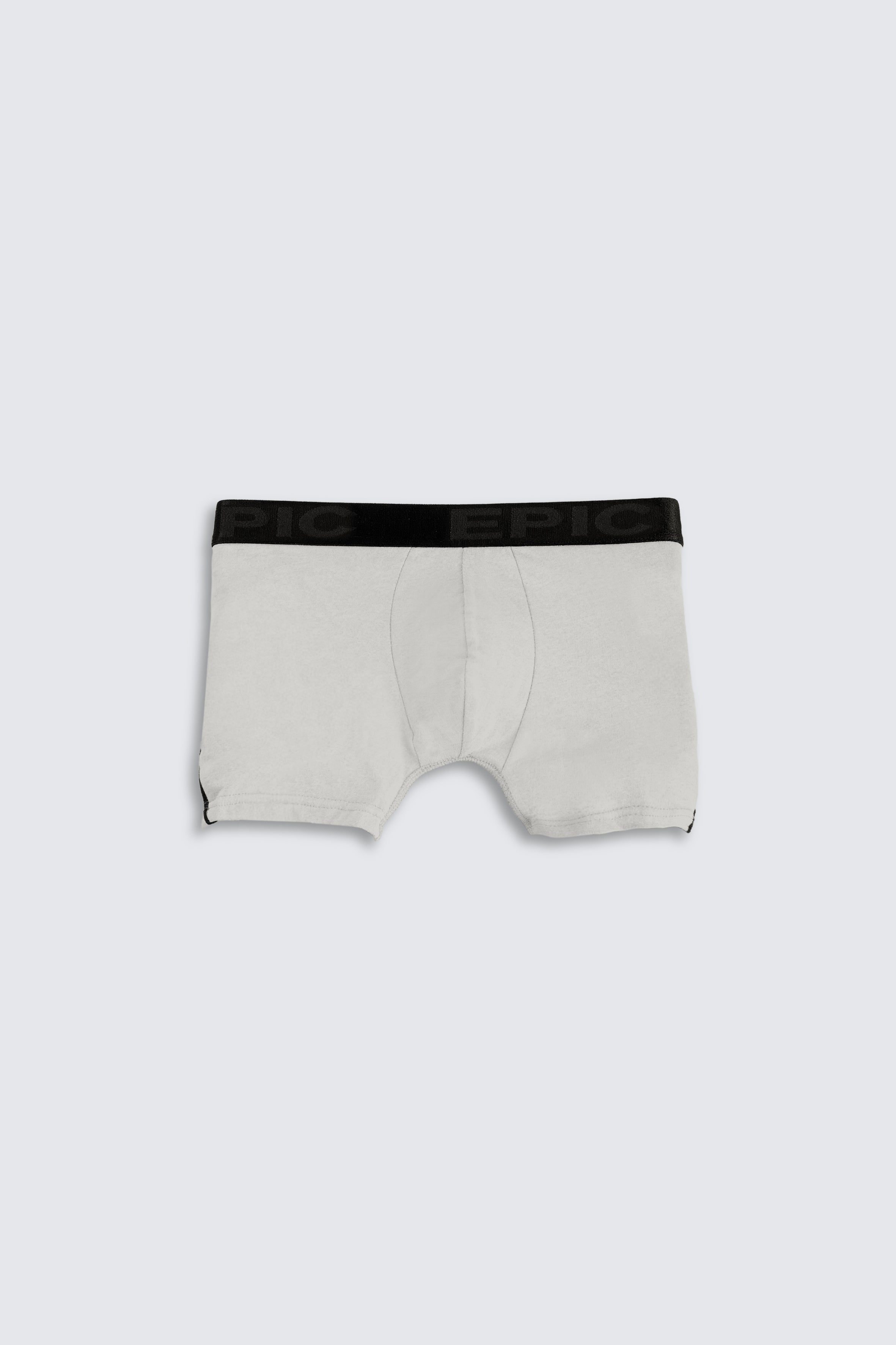 Light grey boxer briefs with black waistband on a white background